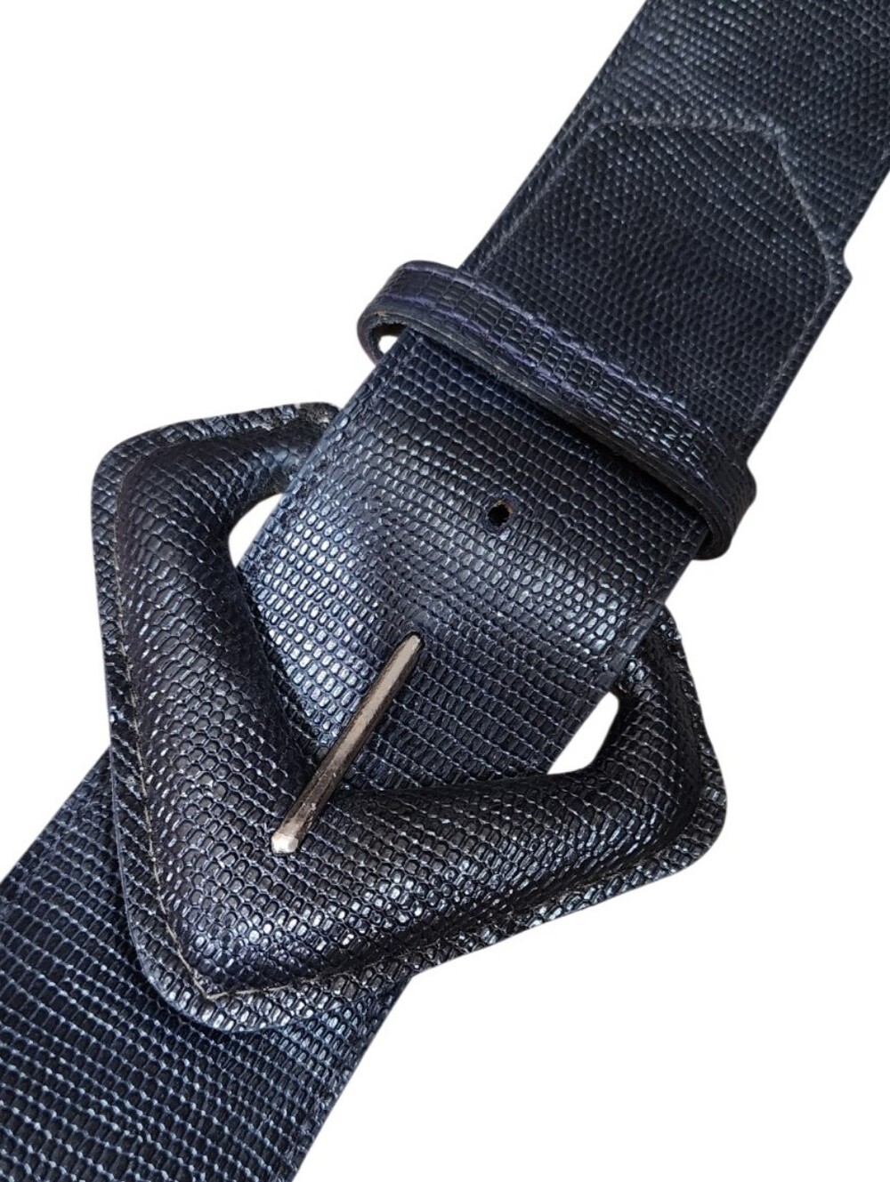 Vintage 1980s Navy Blue Leather Belt Lizard Print Oversized Buckle S/M